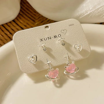DAIIIBABYYY  -  Sweet Pink y2k Star Heart Pendant Stud Earrings Set for Women Korean Fashion Shiny Rhinestone Pearl Earring Jewelry